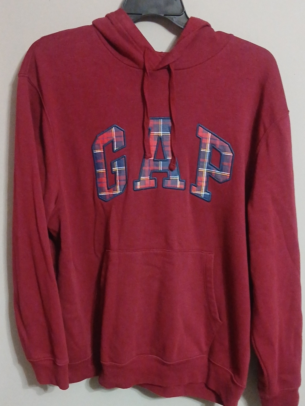 GAP Men's Crewneck Hoodie in Deep Red with Plaid Logo